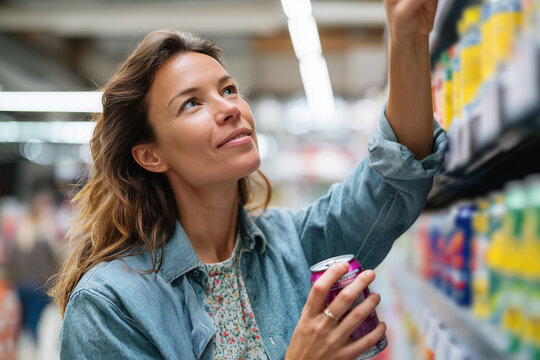 woman checking nutrition label on back of drink can, supermarket shelf blurred in background, 