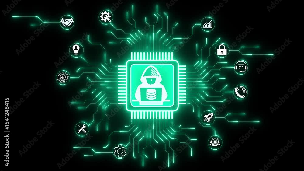 Poster hacker or cyber crime in the world on circuit board, futuristic circuit board design in neon blue, c