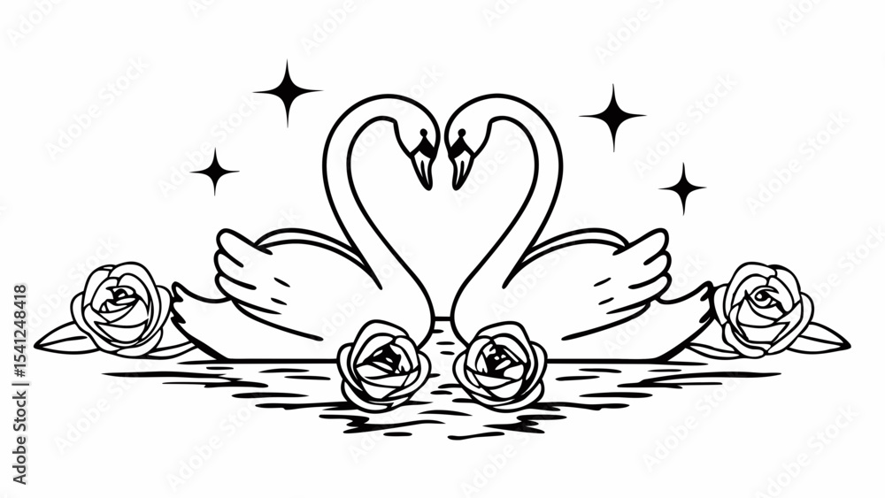 Poster two swans forming a heart shape with roses and stars in a black and white line drawing style image c