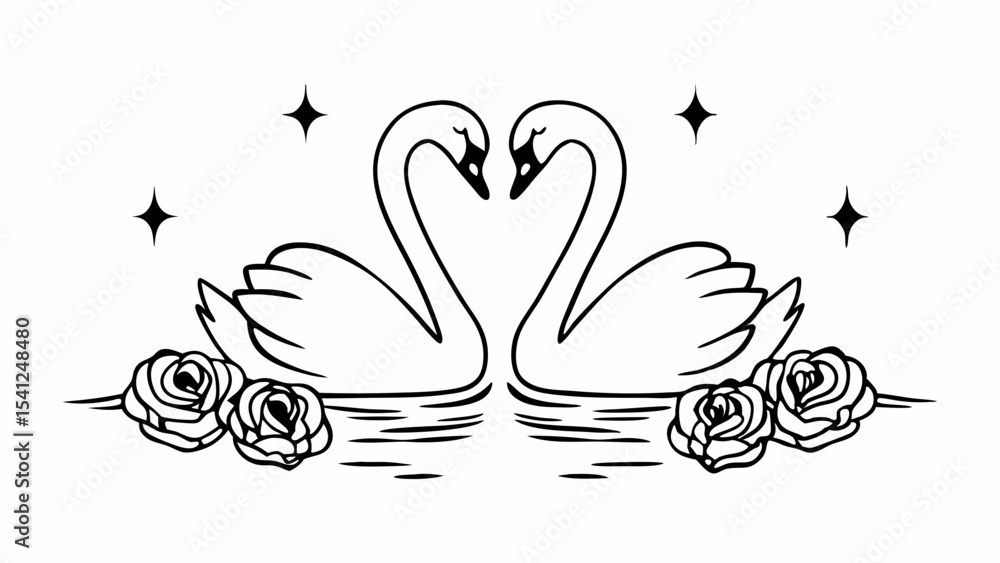 Poster two swans forming a heart shape with roses and stars in a black and white line drawing style image c