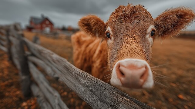 Curious calf peeks over a rustic wooden fence on a farm under a cloudy sky during the quiet afternoon