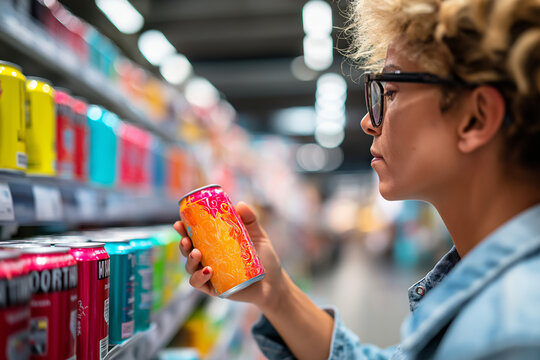 woman checking nutrition label on back of drink can, supermarket shelf blurred in background, 