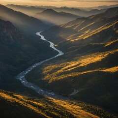 "A dramatic mountain range at golden hour, with jagged peaks catching the sunlight, a river winding through the valley below, and low clouds hugging the slopes."