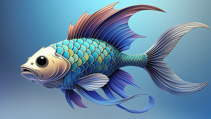 Fototapeta premium realistic, highly detailed, vibrant, photorealistic, 4k, studio lighting, high definition, aqua blue, teal, orange, gold, scales, fins, fantastical fish, colorful tropical fish, macro shot, underwater