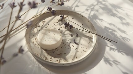 Round dish with a bar of soap and lavender sprigs.