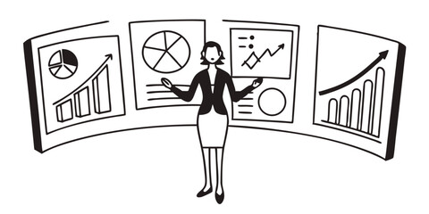 Businesswoman presenting data charts and graphs on multiple screens in a presentation setting view