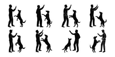 Silhouettes of Dogs and Owners Mastering Dog Training Techniques