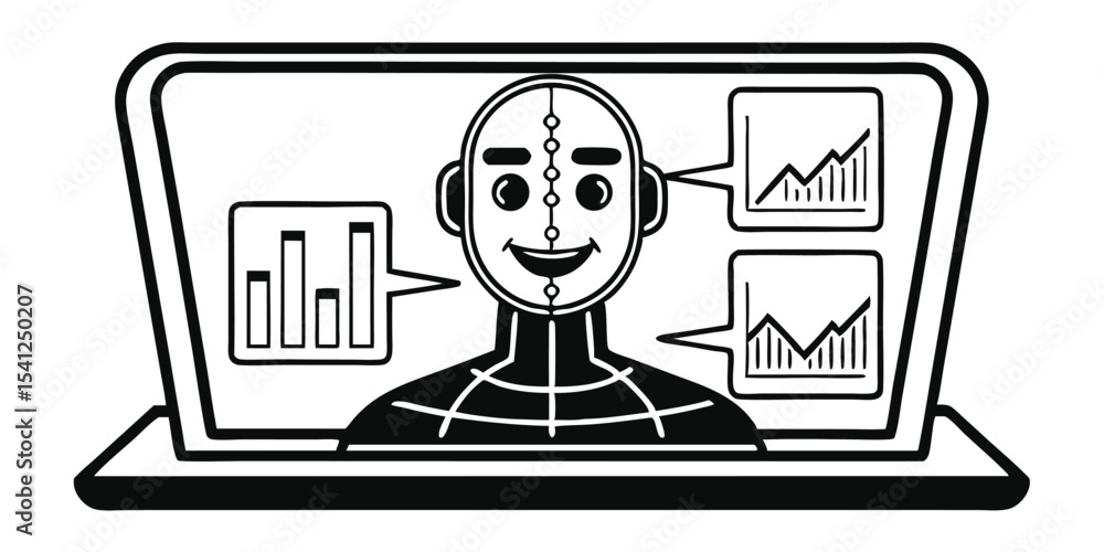 Poster illustration of a laptop screen displaying a robot with charts and graphs in speech bubbles shown