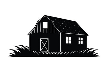 A black silhouette vector art of a barn in field.eps