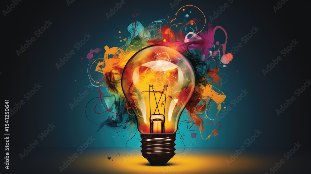 Poster vibrant light bulb surrounded by colorful abstract swirls symbolizes creativity and innovation. dyna