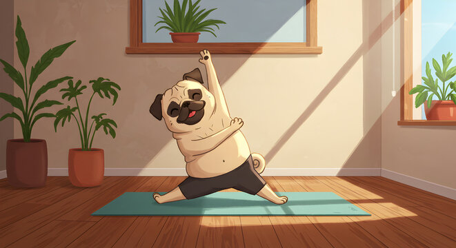 A cute cartoon pug dog practicing yoga indoors in a sunny room setting - Powered by Adobe