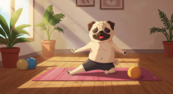 Cartoon Pug Doing Yoga on a Mat in a Brightly Lit Room, Plants Surrounding