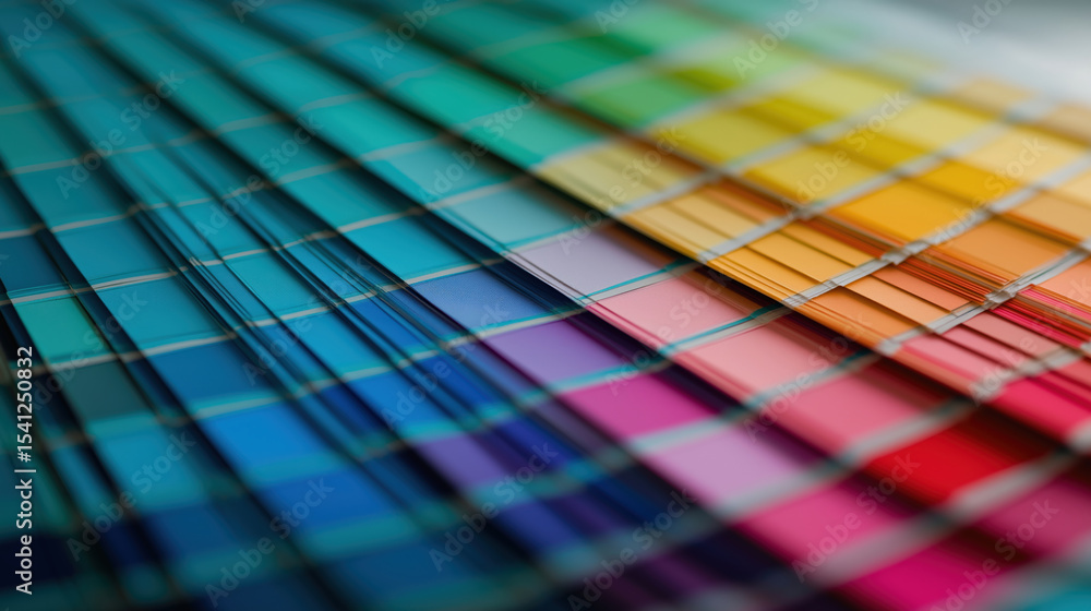 Poster Vibrant array of color swatches arranged in gradient pattern showcases spectrum of hues from blue to orange. image highlights diversity and richness of colors, ideal for design inspiration