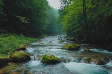 Obraz premium Natural beauty of lush rivers flowing through a serene forest in captivating timelapse, natural beauty and rivers seamless virtual Photo Background