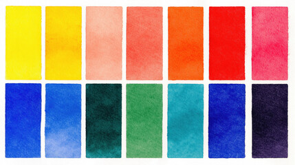 Vibrant watercolor color chart featuring variety of hues including yellow, orange, red, blue, green, and purple, arranged in grid pattern. colors are vivid and textured