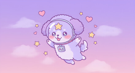 Obraz premium Cute cartoon dog in space wearing astronaut helmet floating in the galaxy