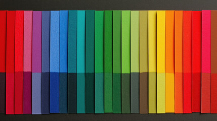 Vibrant array of colorful paper strips arranged in gradient from red to orange, yellow, green, blue, and purple on dark background, showcasing spectrum of hues