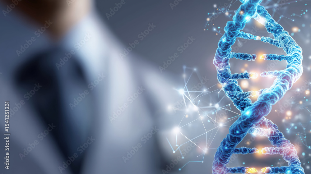 Poster digital representation of dna strand is shown alongside blurred figure in suit, symbolizing intersec