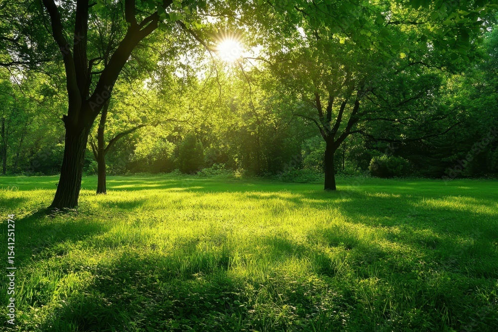 Poster sunlight filters through trees to illuminate a lush green field on a tranquil day, sunlight filterin