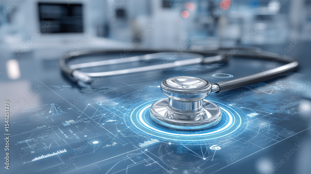 Poster stethoscope rests on digital interface displaying futuristic medical data, symbolizing integration o