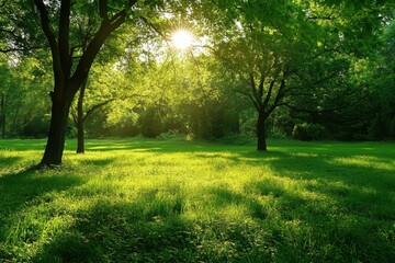 Naklejka premium Sunlight filters through trees to illuminate a lush green field on a tranquil day, Sunlight filtering through trees onto lush green field with dense foliage