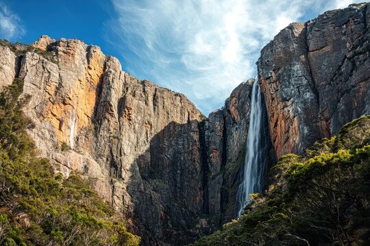 Fototapeta Majestic waterfall cascading down steep cliffs in Tasmania's breathtaking landscape, Tasmania high waterfall drops from tall cliff in mountains Montezuma falls