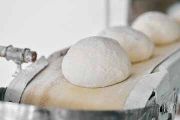 Dough rolls moving along a conveyor belt in a bakery during production process