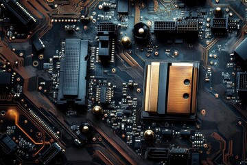 Fototapeta premium Motherboard background showcasing intricate details and textures of electronic components, Motherboard and combination padlock, a blend of physical and digital security
