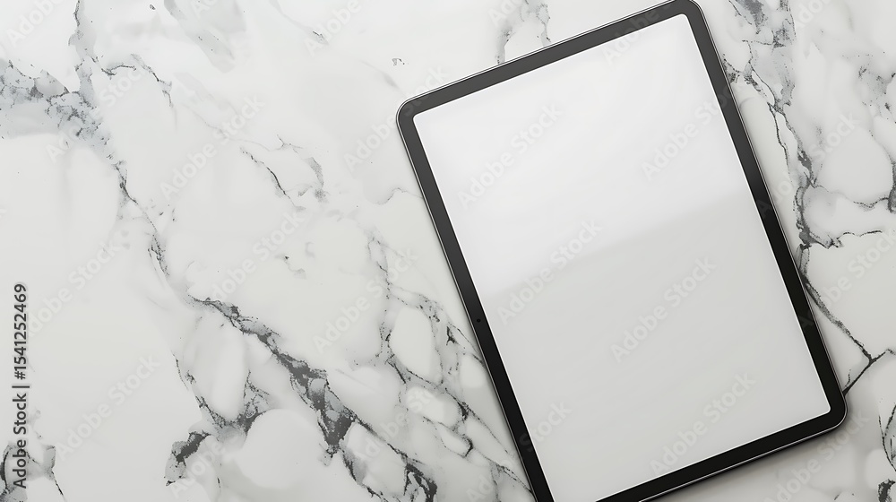 Poster a tablet computer rests on a marble surface.