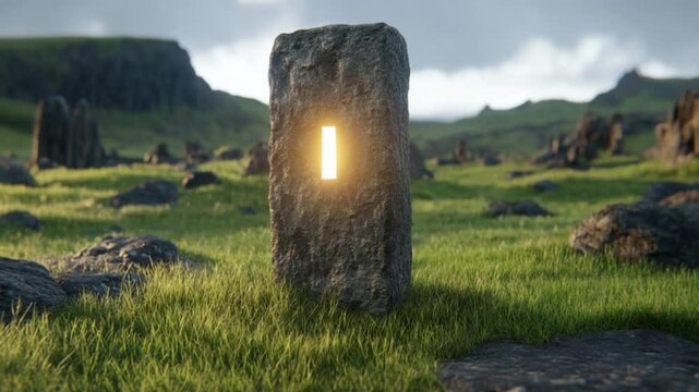 Mysterious glowing stone monolith stands in a lush green landscape under a cloudy sky