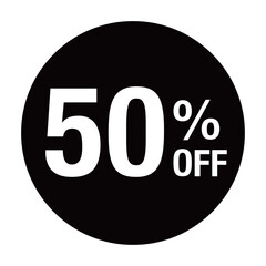 ”50％OFF ”の文字入り 円形のベクターイラスト　モノクロ　白文字　背景透過　
