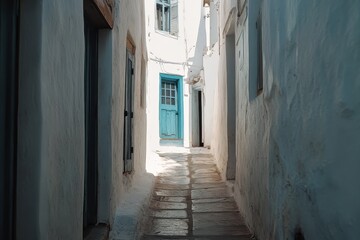 Obraz premium Narrow street in traditional Greek village on Paros island with blue door and whitewashed walls, Narrow street Greece Paros island Traditional greek mediterranean architecture