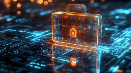 Futuristic briefcase symbol on a digital circuit board.