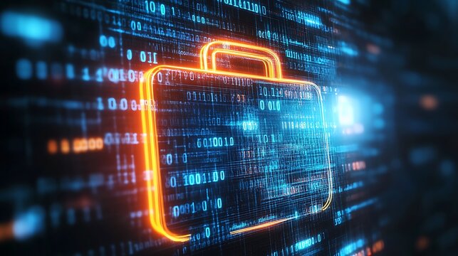 Orange-outlined briefcase symbol on a digital binary code background. - Powered by Adobe