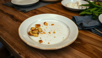 Empty White Plate with Leftover Crumbs and Toasted Bread on a Wooden Table