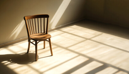 Solitary Wooden Chair in an Empty Room Bathed in Dramatic Sunlight and Shadows