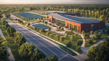 Fototapeta premium Detailed image of new sports complex under construction with facilities for football, swimming, and athletics.