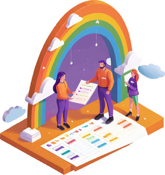vector illustration of people near the rainbow who are engaged in summarizing records