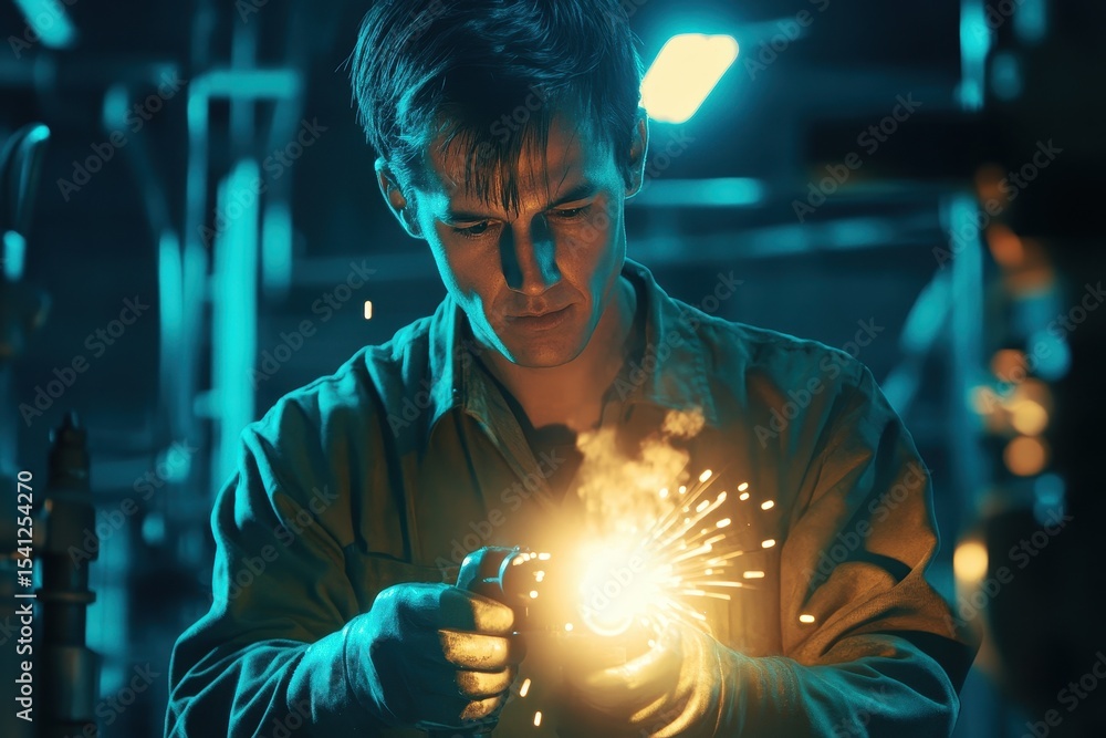 Poster male engineer uses welding torch in a workshop during evening hours, male engineer using welding tor