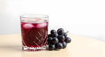Glass of Iced Dark Grape Juice with a Bunch of Fresh Grapes on a Light Table