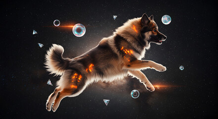 A cosmic dog leaping through space with glowing energy and ethereal elements