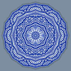 Vector abstract circular mandala design decorative element ethnic style. Blue line and white area for coloring. Shadow around of mandala. Arab, Islam, Indian, Chinese. Yoga illustration.