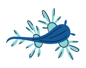 Flat cartoon vector illustration of blue dragon sea slug with elegant fins and vibrant colors. Exotic marine mollusk character for ocean themed designs, educational materials, kids books, posters