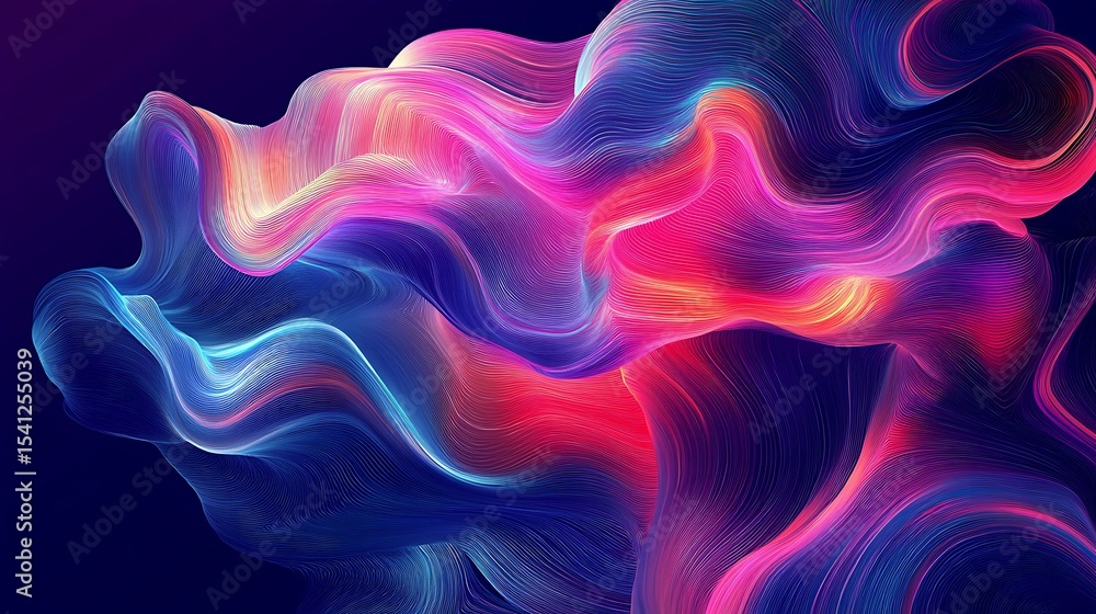 Poster abstract curved wave formations with blue, pink and red line gradient on dark