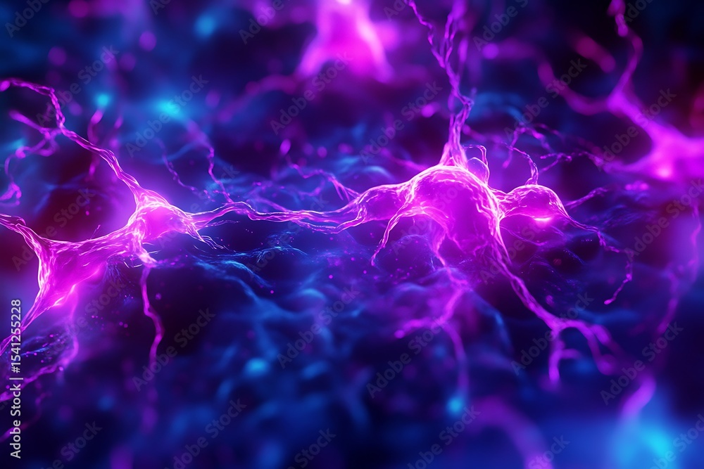 Aufkleber abstract neuronal network with glowing synapses on dark purple and blue background