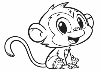 Cute Cartoon Baby Monkey Sitting in Black and White Vector Style – High-Quality Outline Illustration for Coloring Book or T-shirt Design