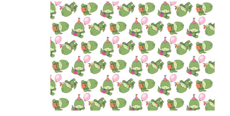 Seamless pattern of cute dinosaurs in party caps, with balloon and gift. Birthday wrapping paper. Vector illustration
