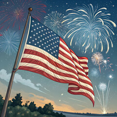 Independence Day USA Illustration – Stars, Stripes, Fireworks, and Festive Icons”