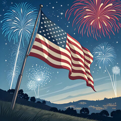 Independence Day USA Illustration – Stars, Stripes, Fireworks, and Festive Icons”
