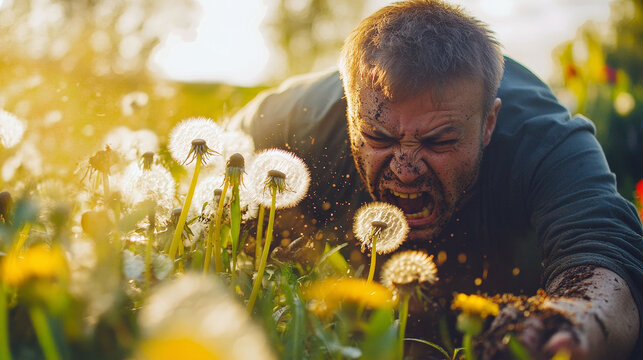 Frustrated gardener uproots dandelions at dawn amid greenery and flowers